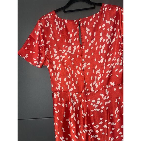 Topshop Red Silky Polka Dot Button Down Midi front slit  Dress Size 10 - Picture 10 of 10